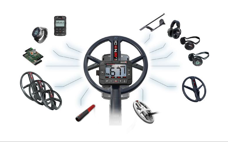 Compatible with Key XP technologies and accessories, MI-6 pinpointer, FMF® and HF2 coils, Wireless headphones and XP Go Terrain app.