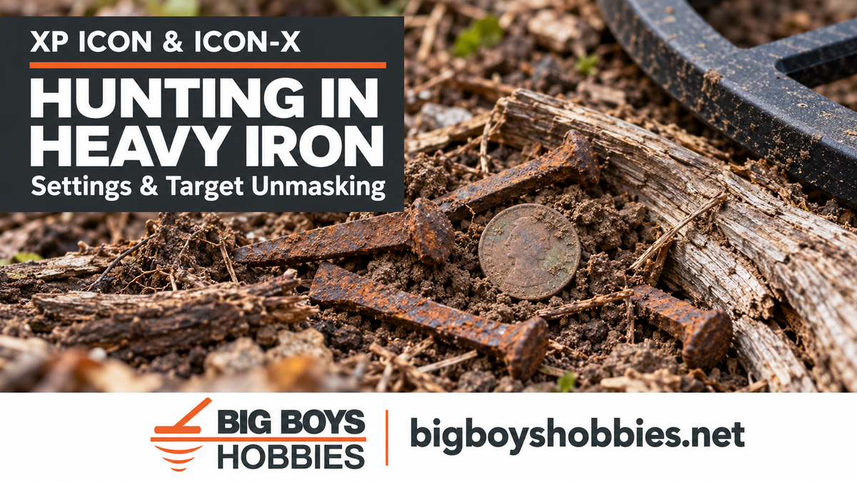 XP ICON and ICON-X heavy iron detecting guide with rusty nails, a coin, and the Big Boys Hobbies logo.