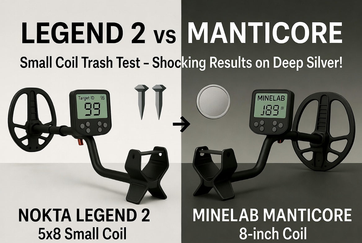 Nokta Legend 2 with 5x8 coil vs Minelab Manticore 8-inch coil – Real trash test comparison on deep silver coins