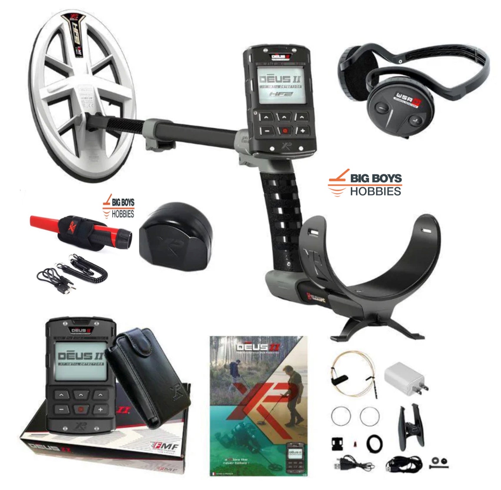 XP Deus II metal detector with 9.5 inch HF2 coil and WSA ST stereo headphones