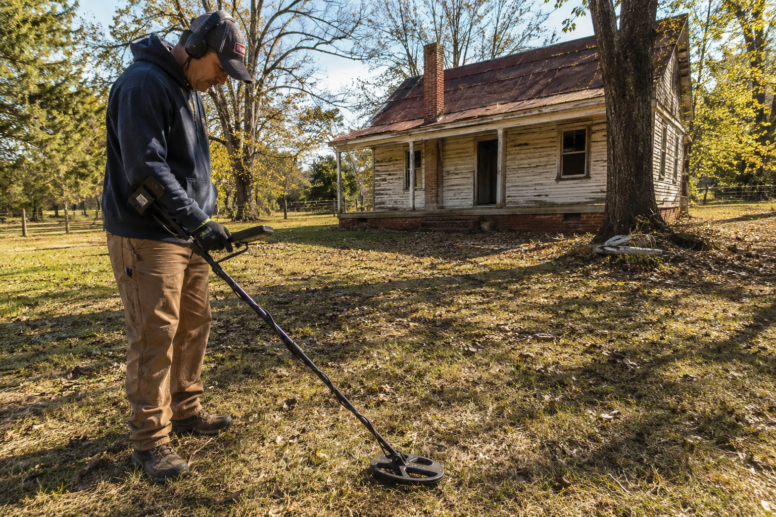 Man metal detecting private property near an old farmhouse after getting permission