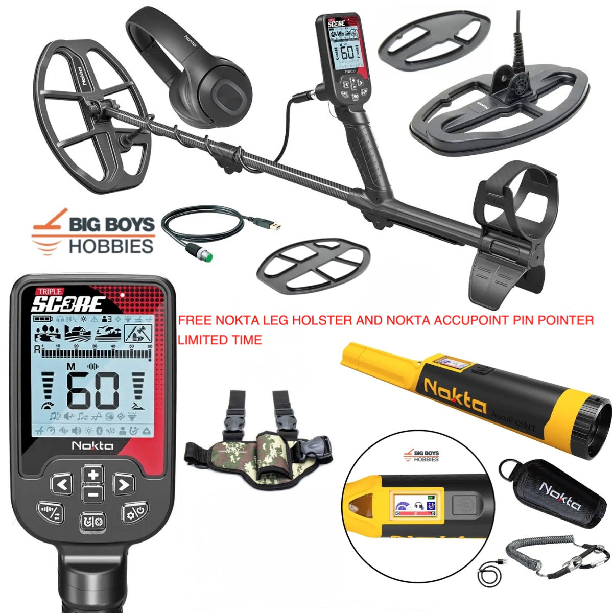 Nokta Triple Score Pro Pack metal detector full bundle with Accupoint pinpointer, headphones, and coils
