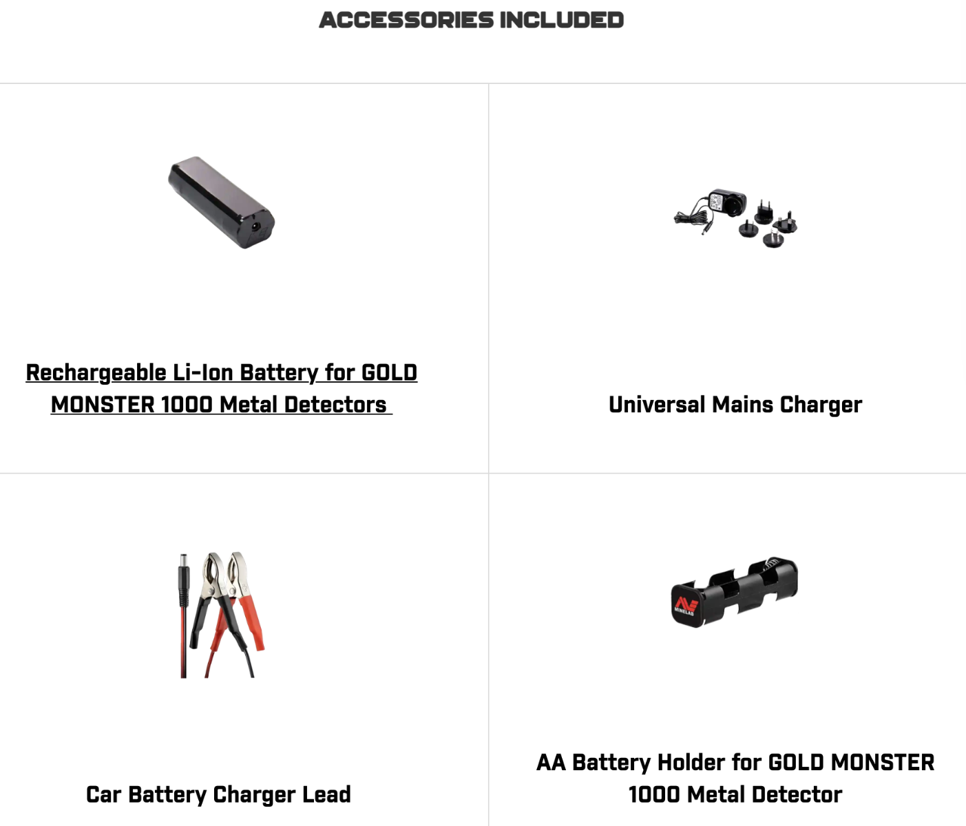 Minelab GOLD MONSTER 2000 package with coil, batteries, and accessories